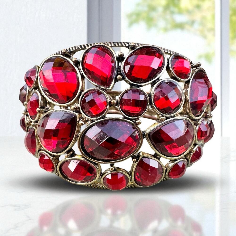 Ruby Red Rhinestone Bracelet Hinged Bangle Wide Cocktail Maximalist Gothic